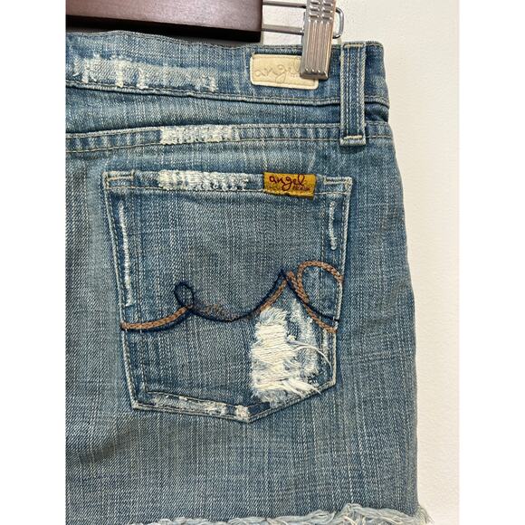 Y2K Vintage Angels Denim skirt size S micro mini distressed embroidered raw hem - Picture 6 of 10